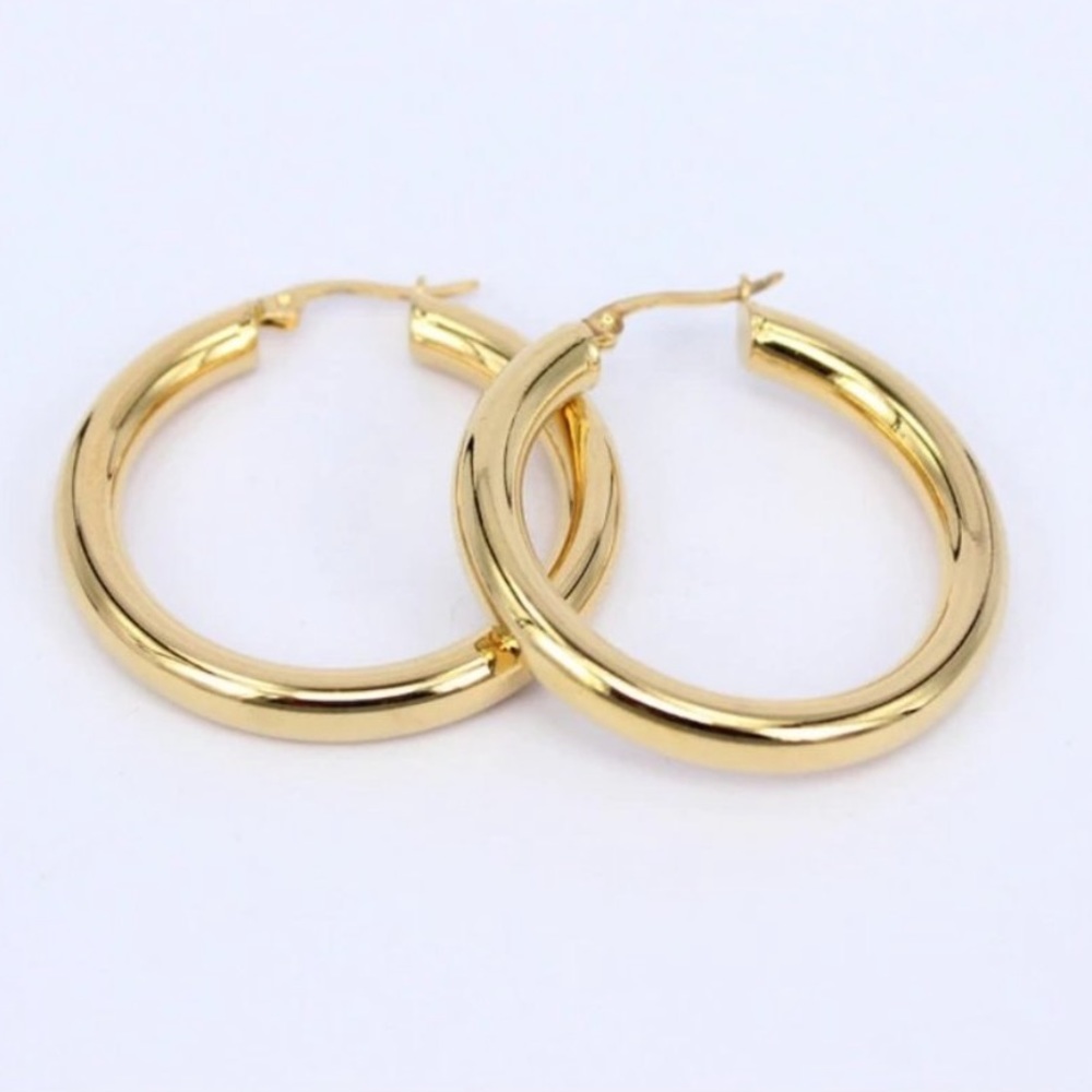 NEW 18K Yellow Gold Round 1.2” Tube Hoop Earrings - Picture 2 of 7